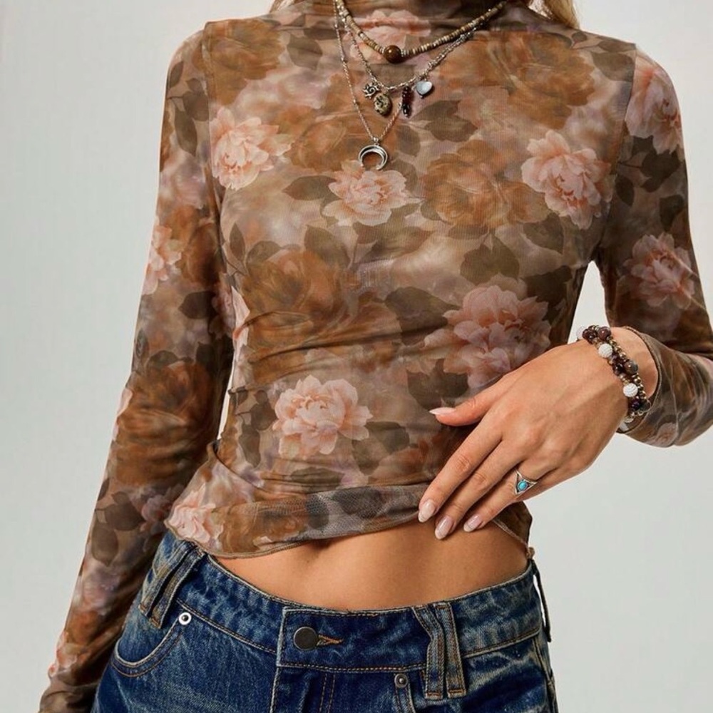 Floral Sheer Long-Sleeve Mesh Top - Brown Floral
